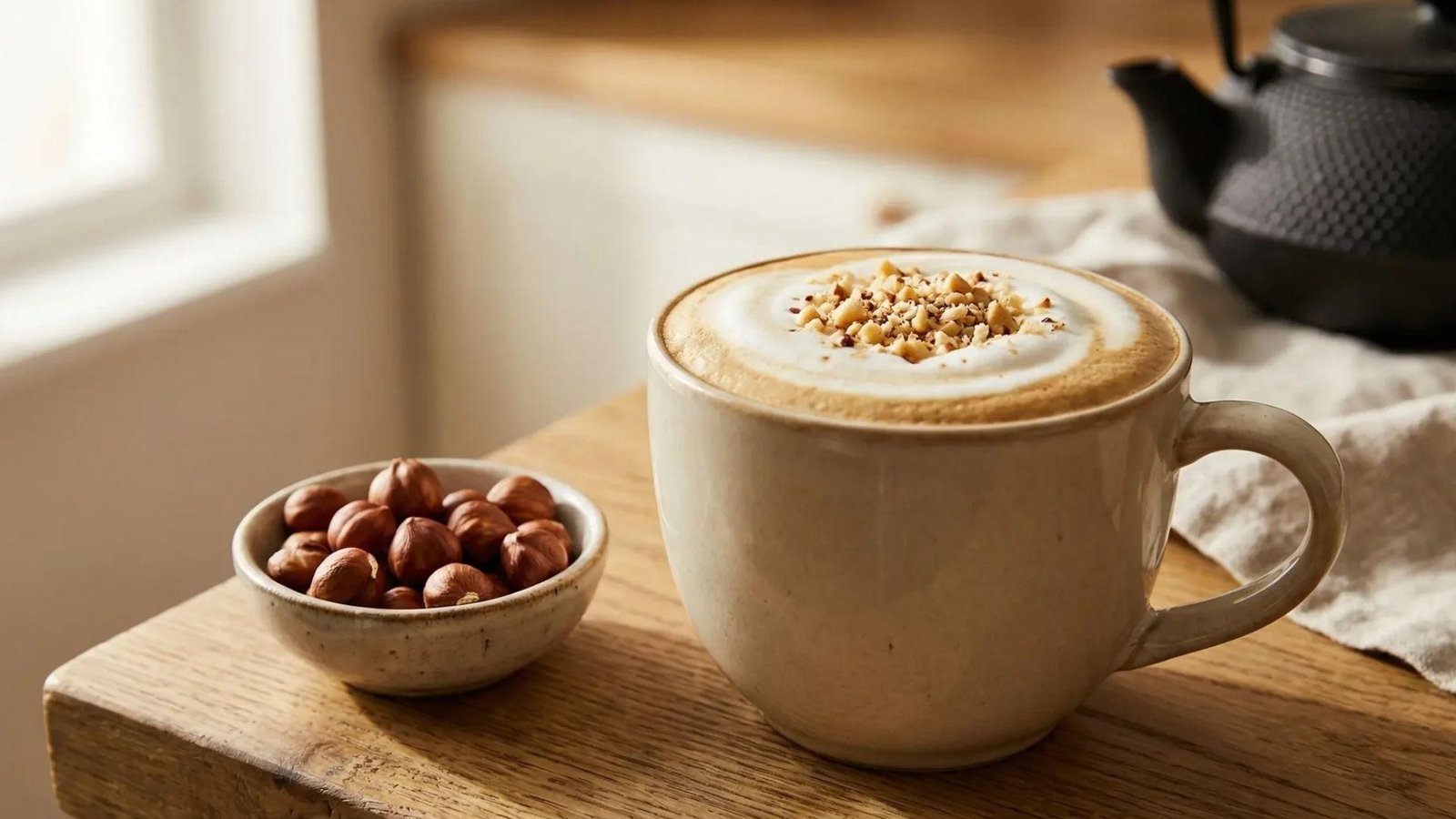 A white ceramic mug of hazelnut latte topped with crushed hazelnuts beside a bowl of whole hazelnuts on a wooden board.