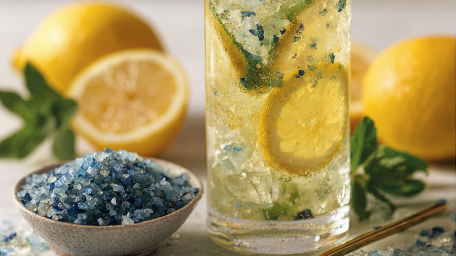 Iced lemon drink with blue salt crystals and mint, fresh lemons and bowl of blue salt beside glass