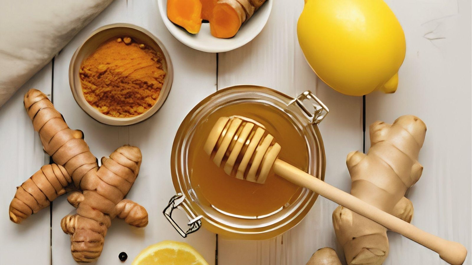 Open honey jar with a dipper surrounded by ginger, turmeric, and lemon for an immunity trick.