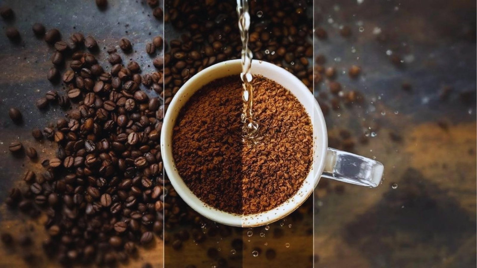 Overhead shot of coffee beans scattered beside white cup filled with grounds as water pours in, creating splashes.
