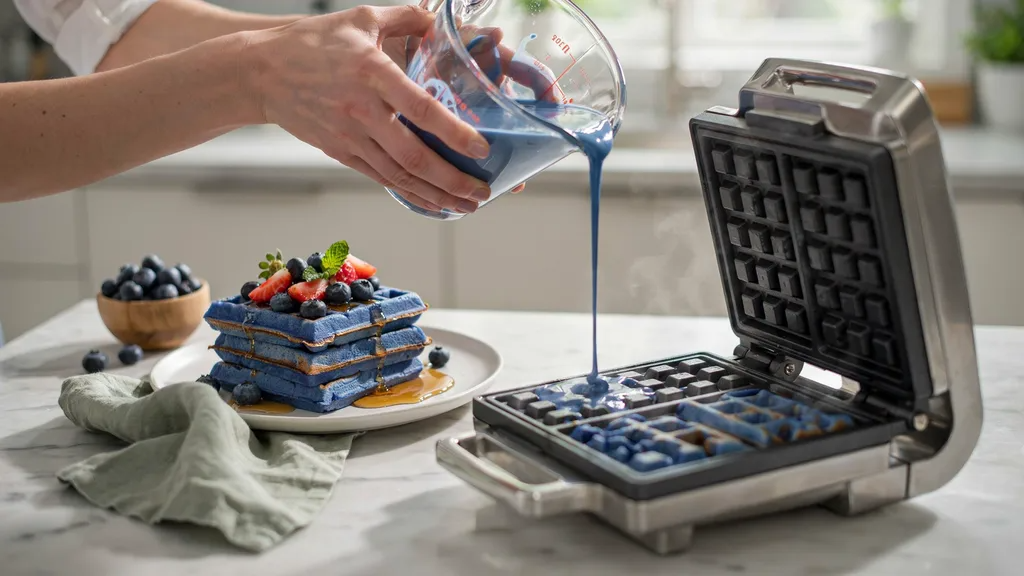 Blue waffles on plate with syrup in a bright kitchen breakfast scene.