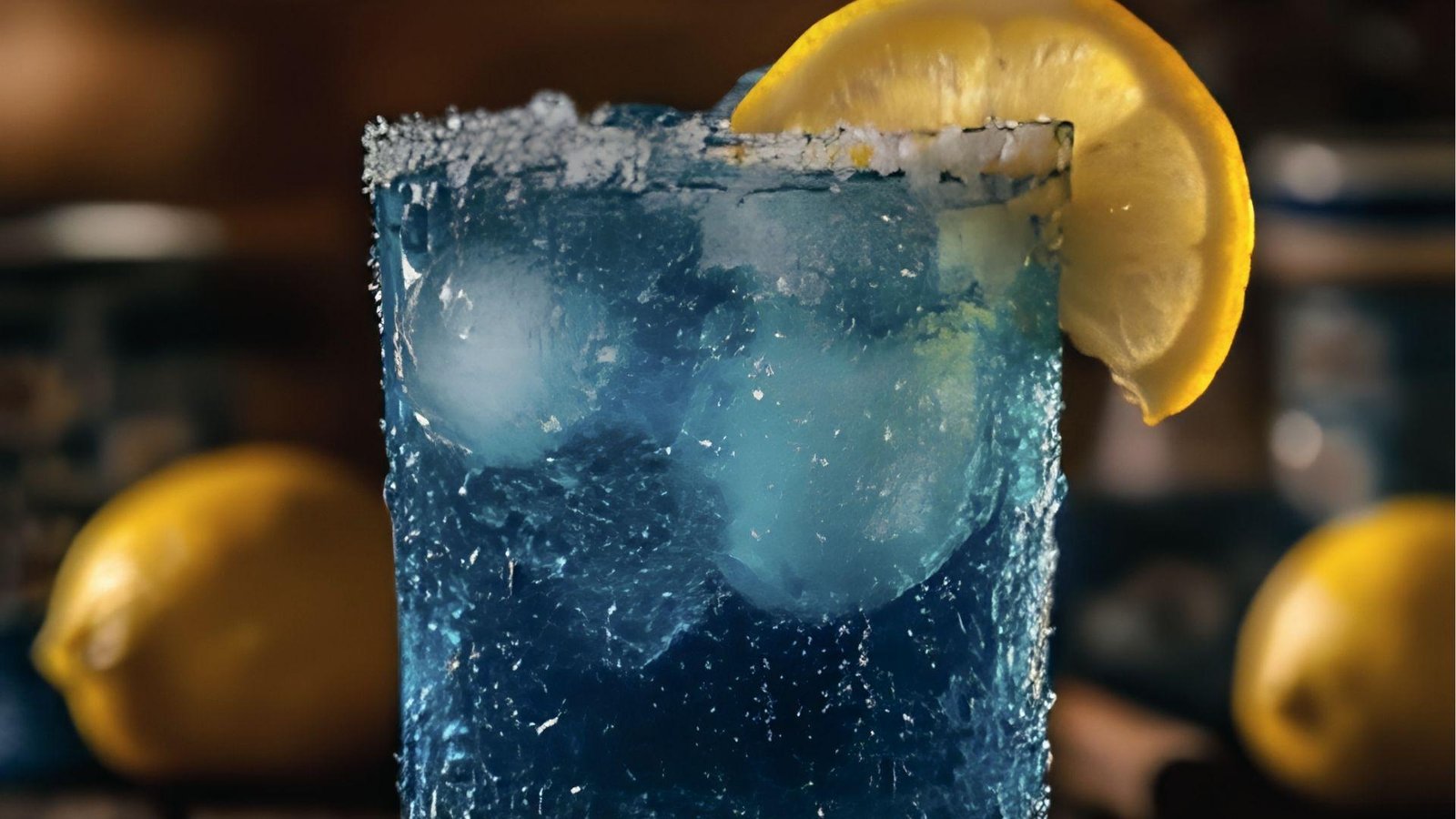 Vibrant blue salt trick drink with lemon wedge on salted rim, ice cubes in tall glass with lemons