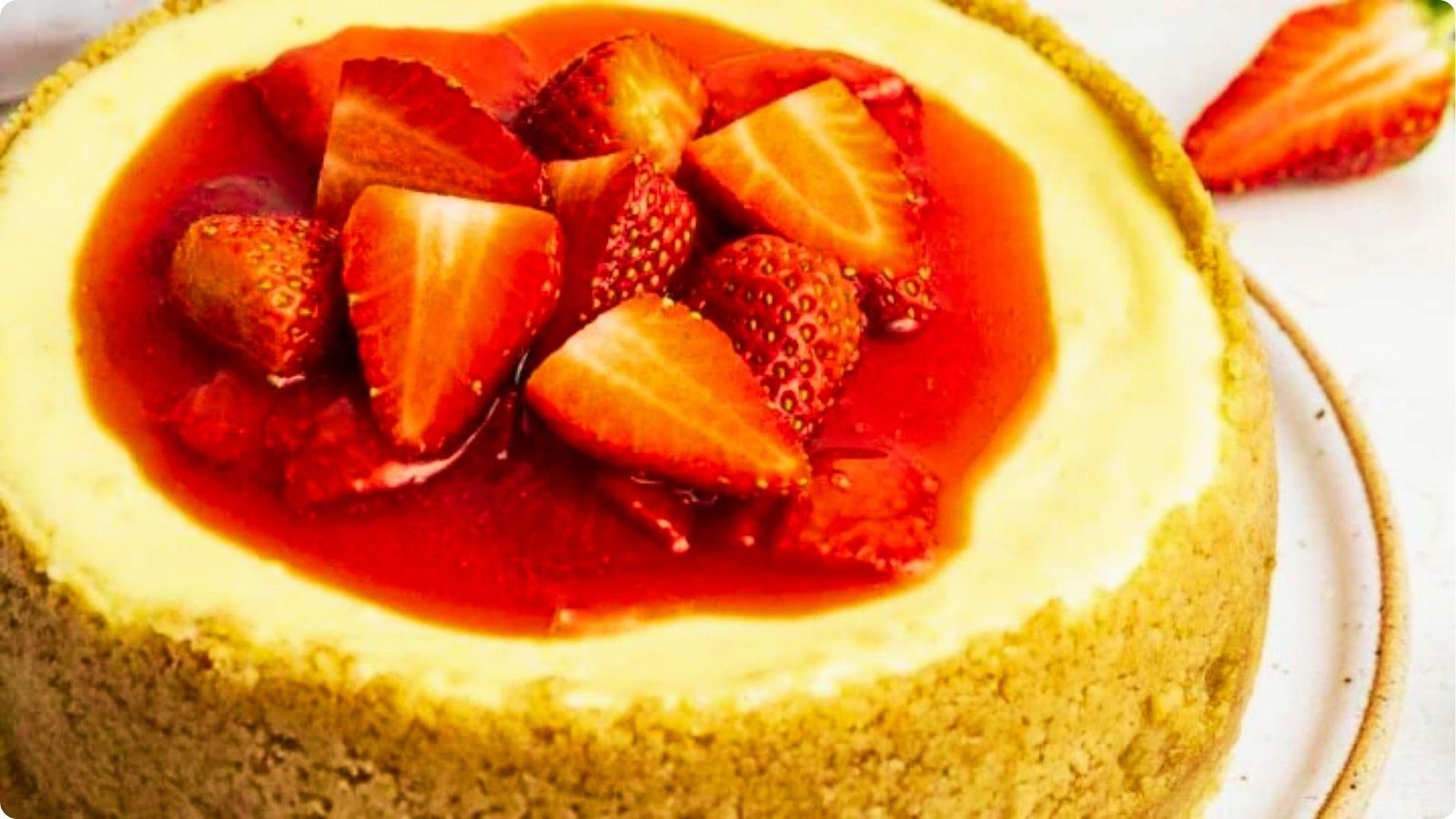 A 6-inch cheesecake with tall graham cracker sides is topped with glossy strawberry sauce and fresh sliced strawberries.