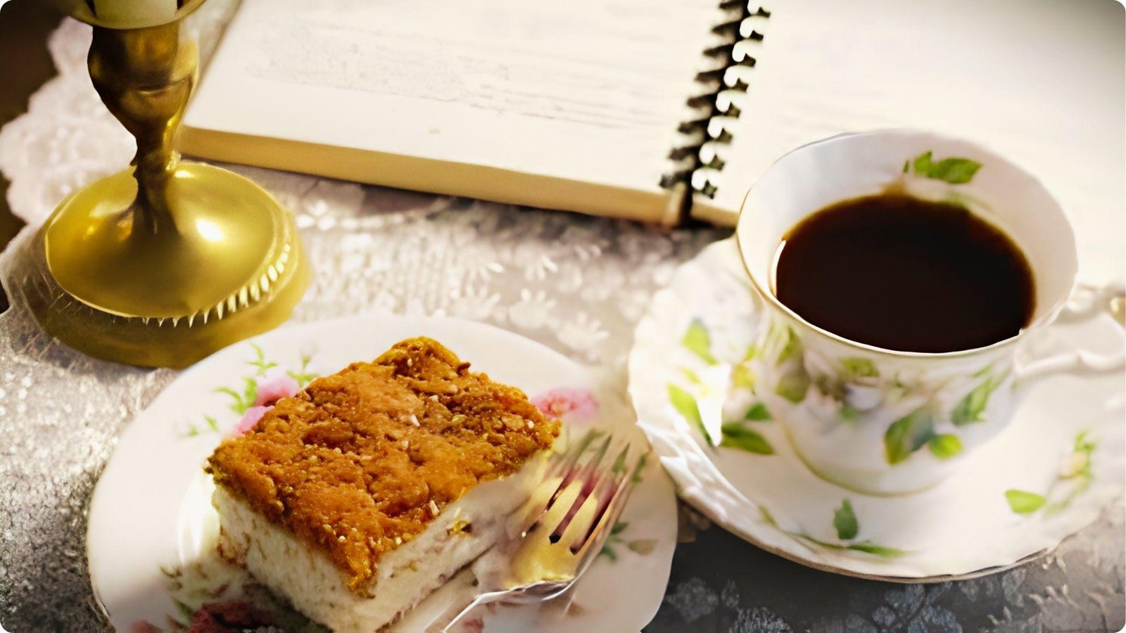 A slice of German coffee cake with golden brown streusel served on a floral china plate next to a cup of black coffee.