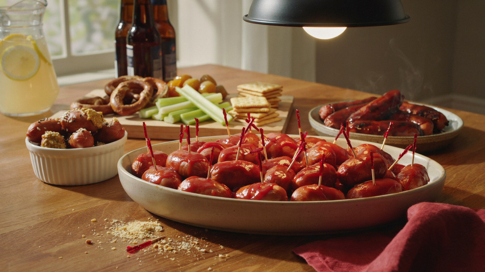 Cocktail wieners with toothpicks served at dinner table among other decorated snacks.