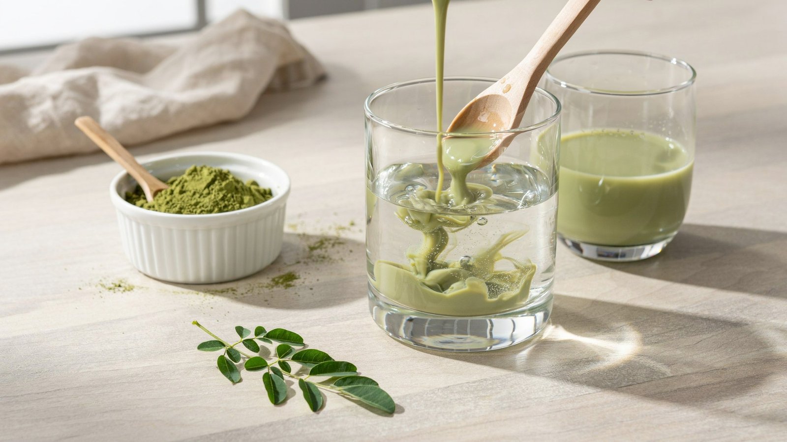 moringa powder mixed into paste then blended into a smooth lump free drink.