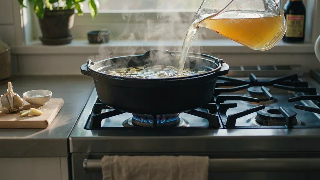 garlic and ginger cooking in oil with vegetable broth added to build miso soup base.