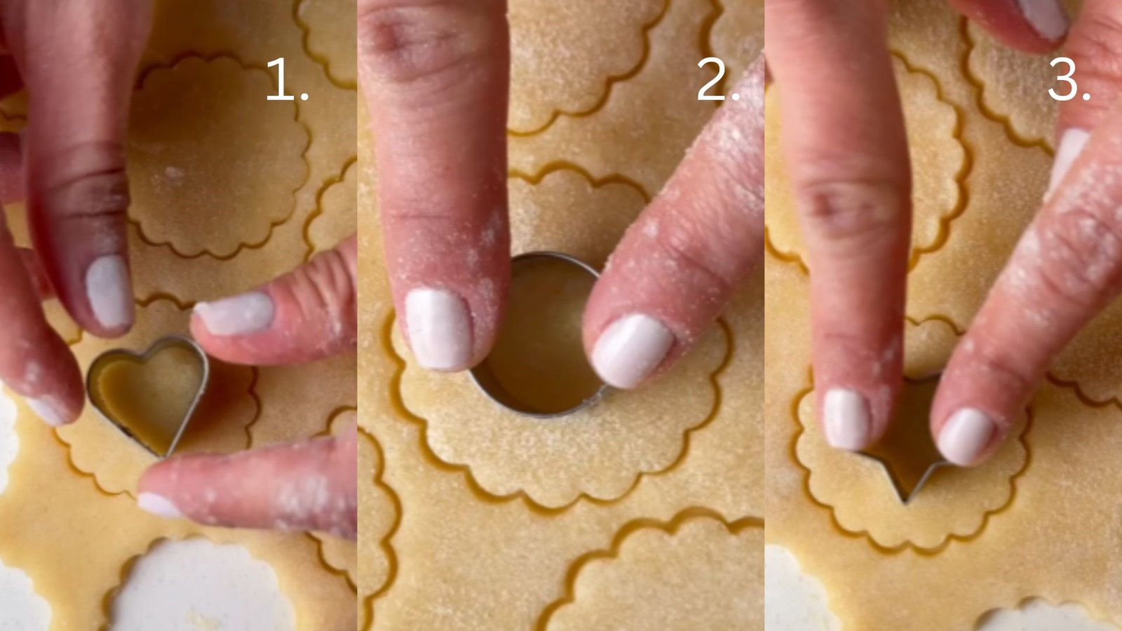 Cutting heart, star, and circle-shaped windows into Linzer cookie tops using small cookie cutters for a decorative design.