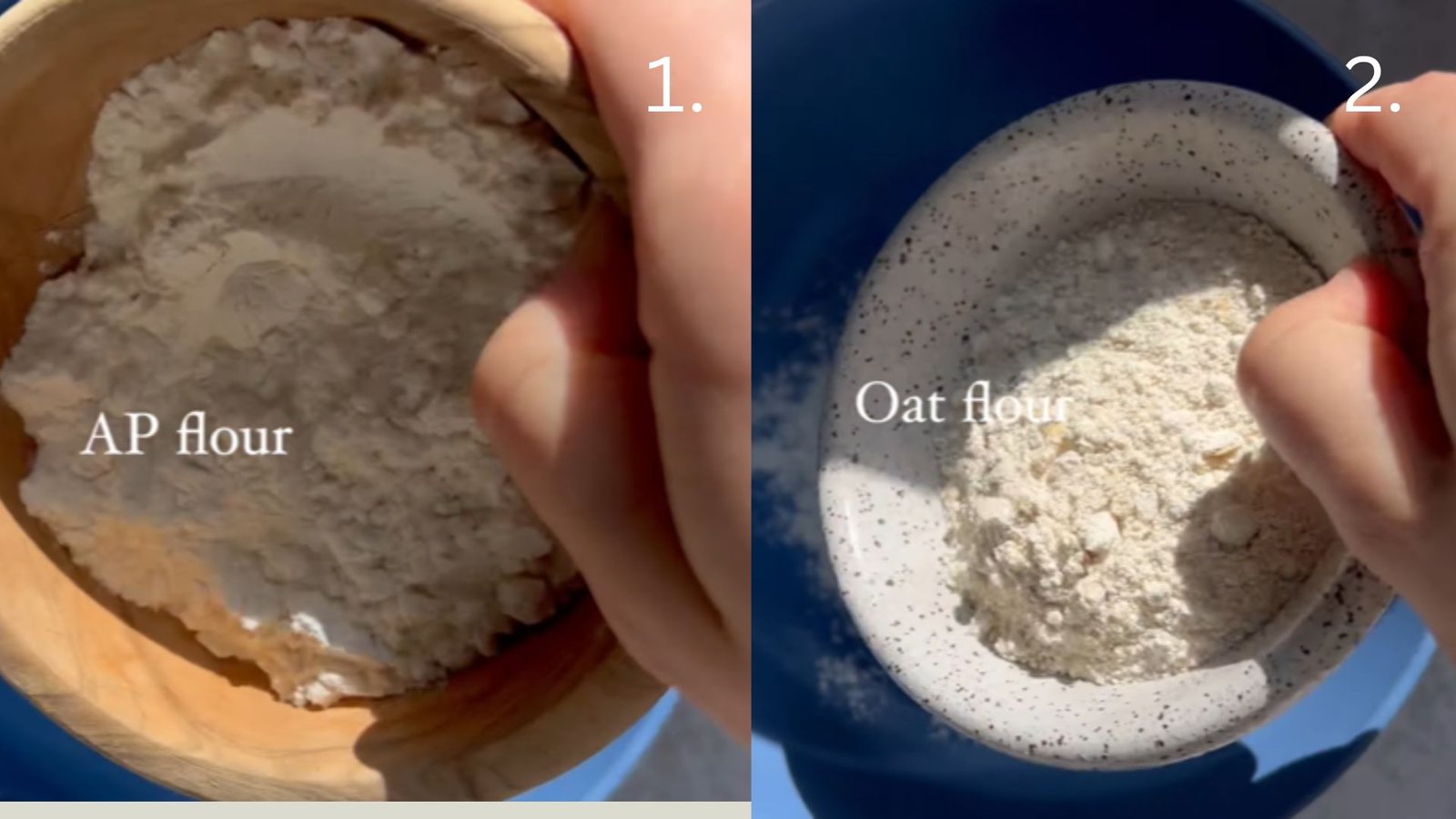 Close-up of hands holding bowls with all-purpose flour and oat flour for making fluffy homemade yogurt pancake batter.