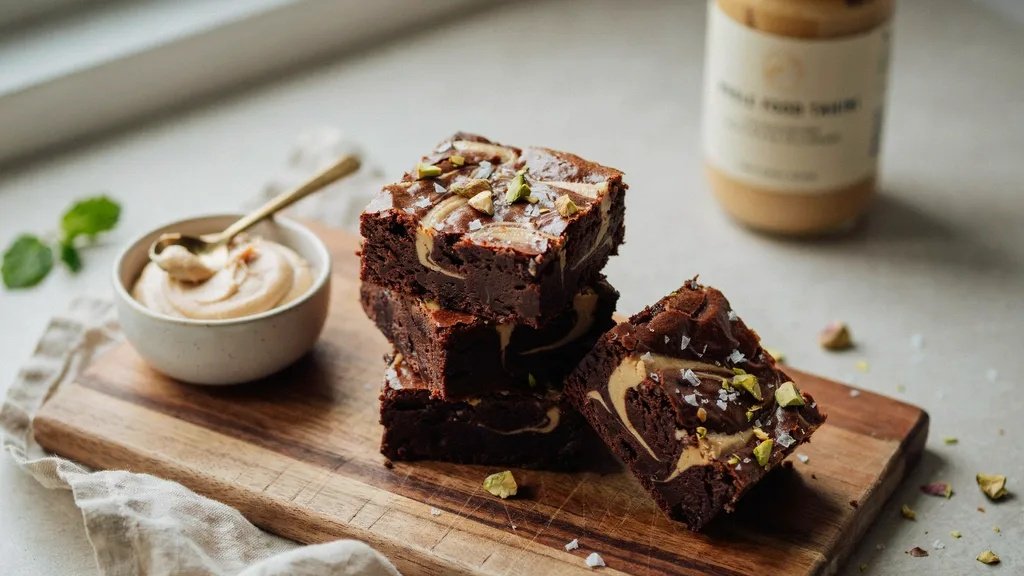 Stacked tahini swirl brownies topped with sea salt and pistachios on a board with a bowl of nut butter.
