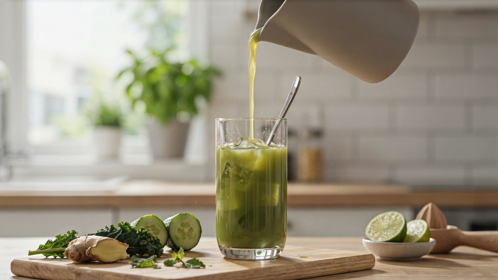 Fresh green juice poured into glass with ice cubes and stirred before serving in a bright clean kitchen environment.