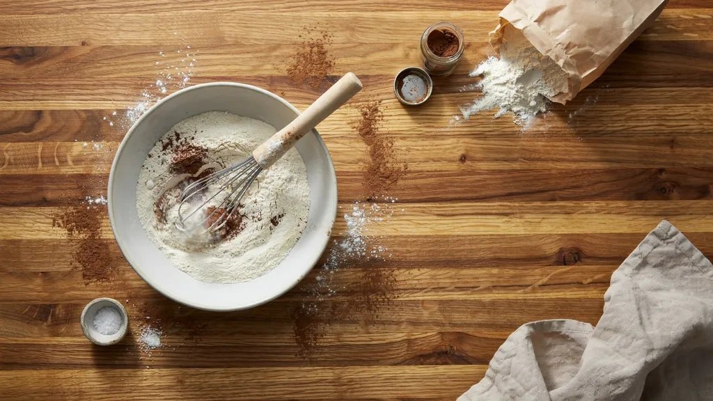 Flour, cocoa powder, and salt being whisked together in a white ceramic bowl on a rustic wooden surface.