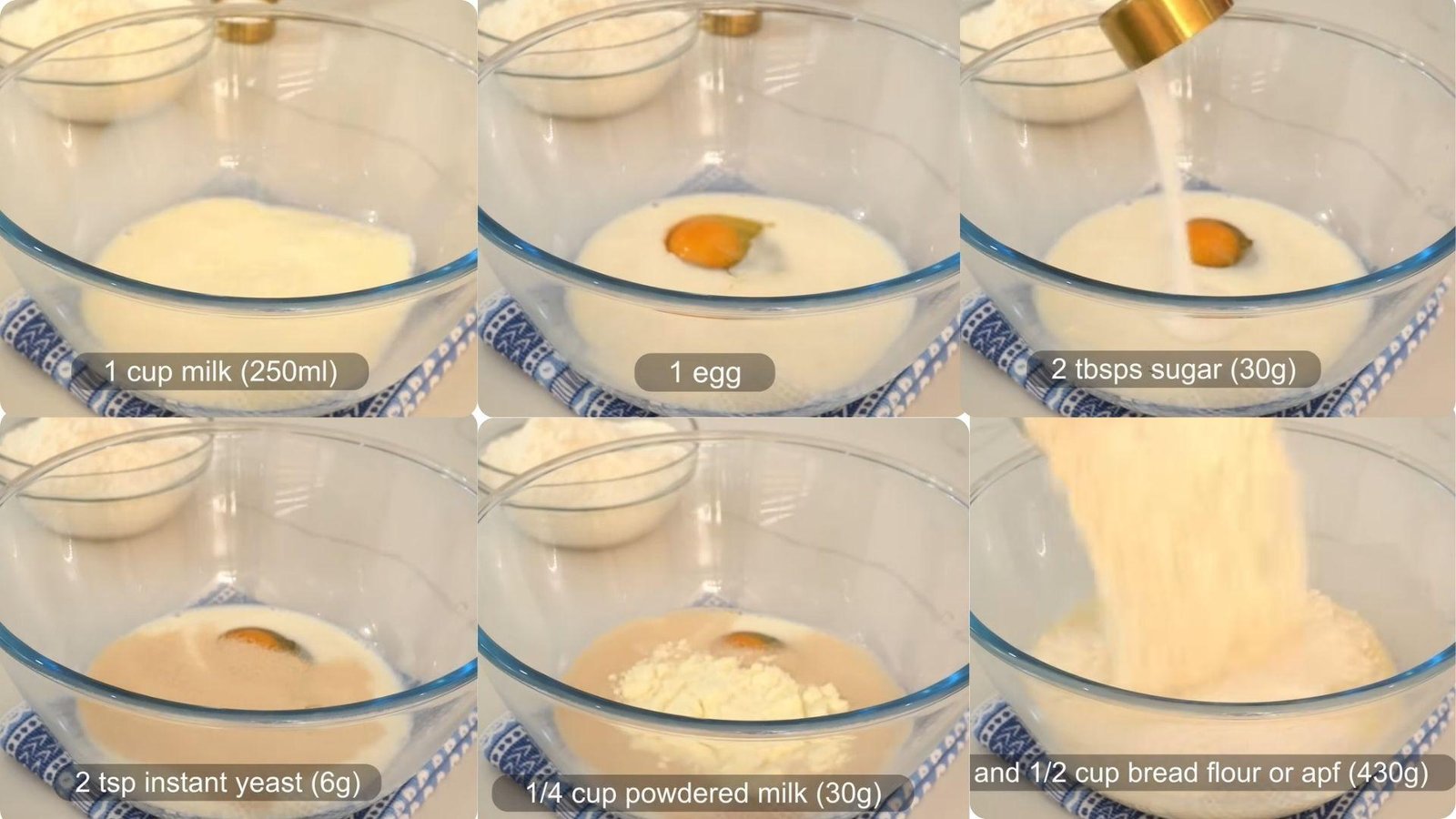 Six-panel collage showing bread dough ingredients being added to a bowl: milk, egg, sugar, yeast, powdered milk, and bread flour.