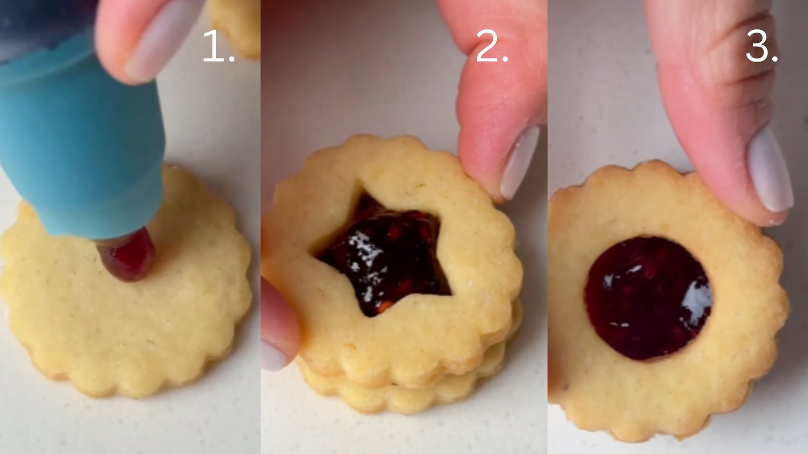 Spreading raspberry jam onto Linzer cookie bases and sandwiching them with decorative cut-out cookie tops.