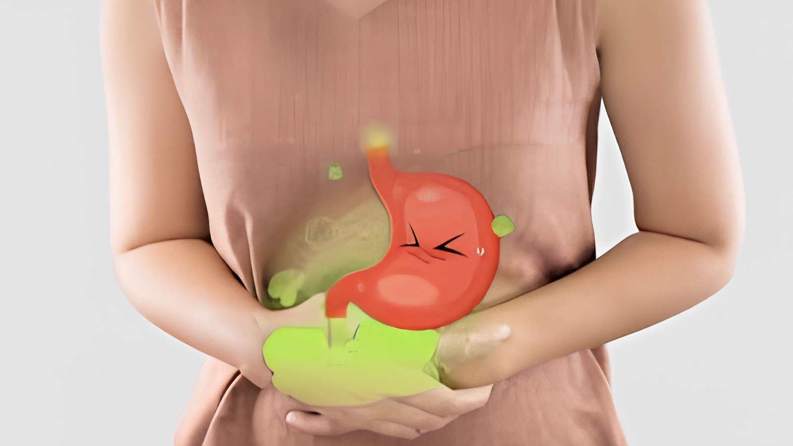 Person clutching stomach with red cartoon stomach graphic showing acid reflux pain and discomfort.