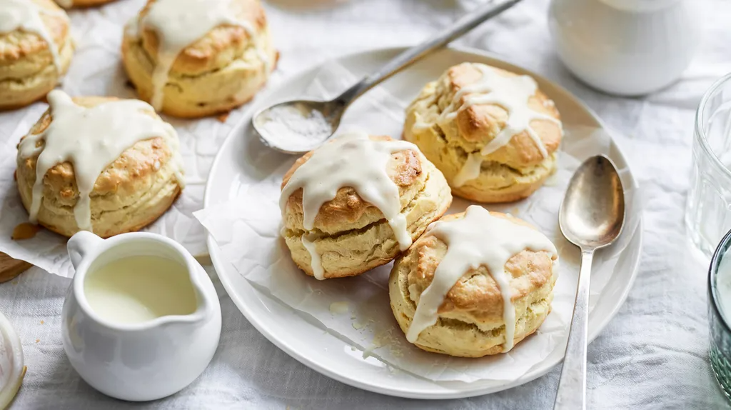Soft ginger cream scones with cream glaze on white plate in bright kitchen.