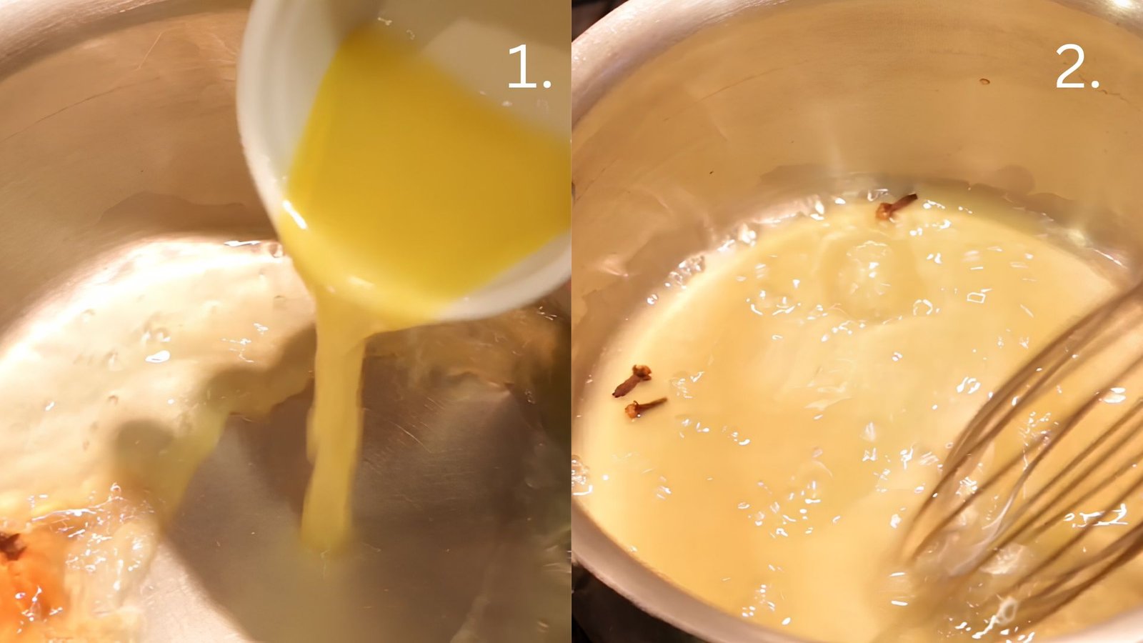 Pineapple juice being poured into a saucepan and mixed with garlic and vinegar for Hawaiian BBQ sauce.
