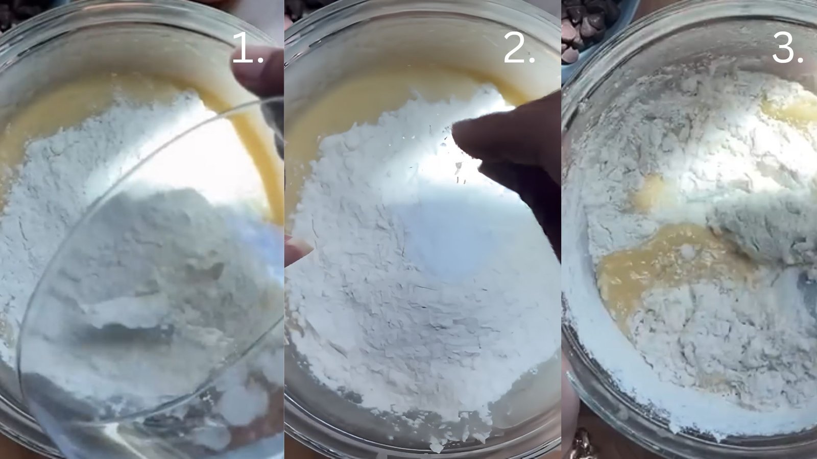 Flour, baking soda, baking powder, and salt being sifted together and gently folded into wet ingredients to form muffin batter.