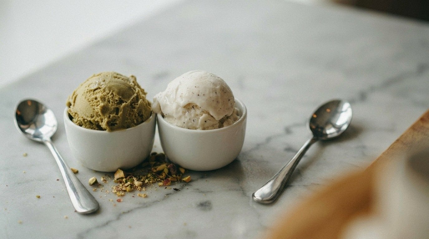 gelato and ice cream compared side by side showing texture and density differences.