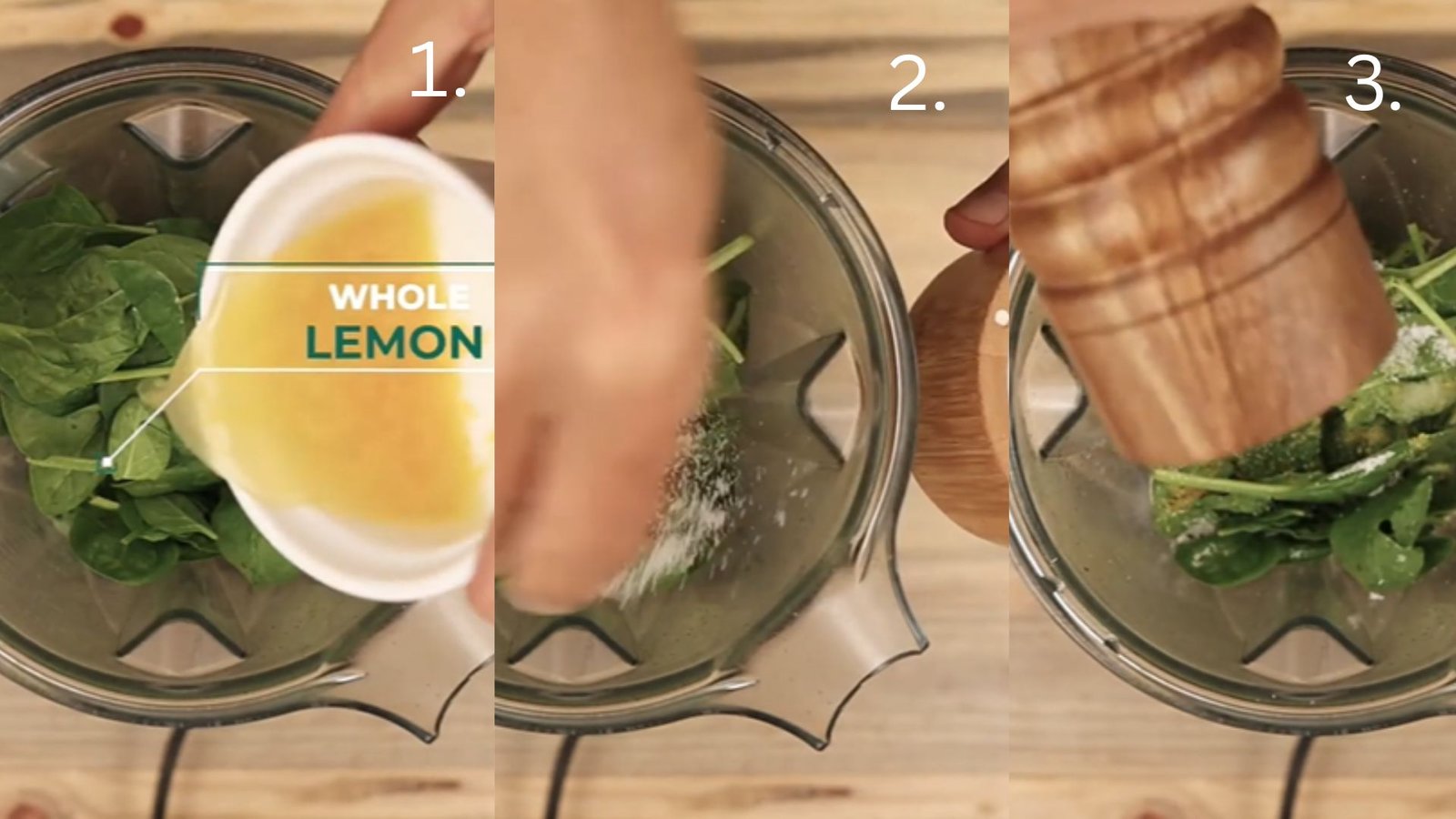 Salt, black pepper, lemon zest, and lemon juice added to ingredients for seasoning pumpkin seed pesto recipe.