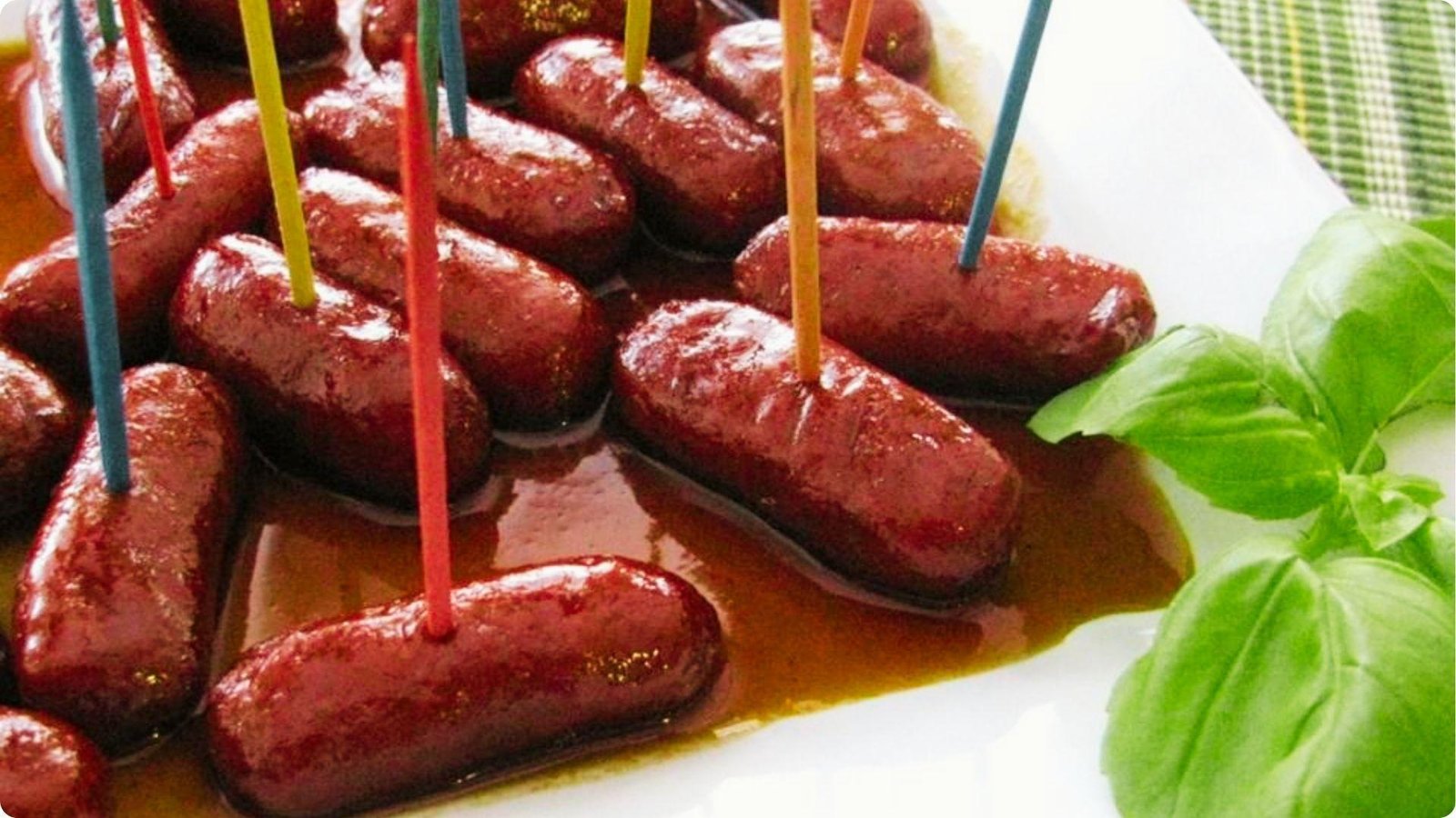 Glazed cocktail wieners in savory sauce served on a white plate with colorful toothpicks and fresh basil leaves.