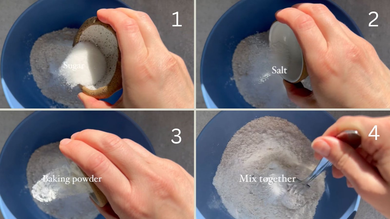 Adding sugar, salt, and baking powder to flour mixture in a blue bowl, then mixing dry ingredients together for yogurt pancakes.