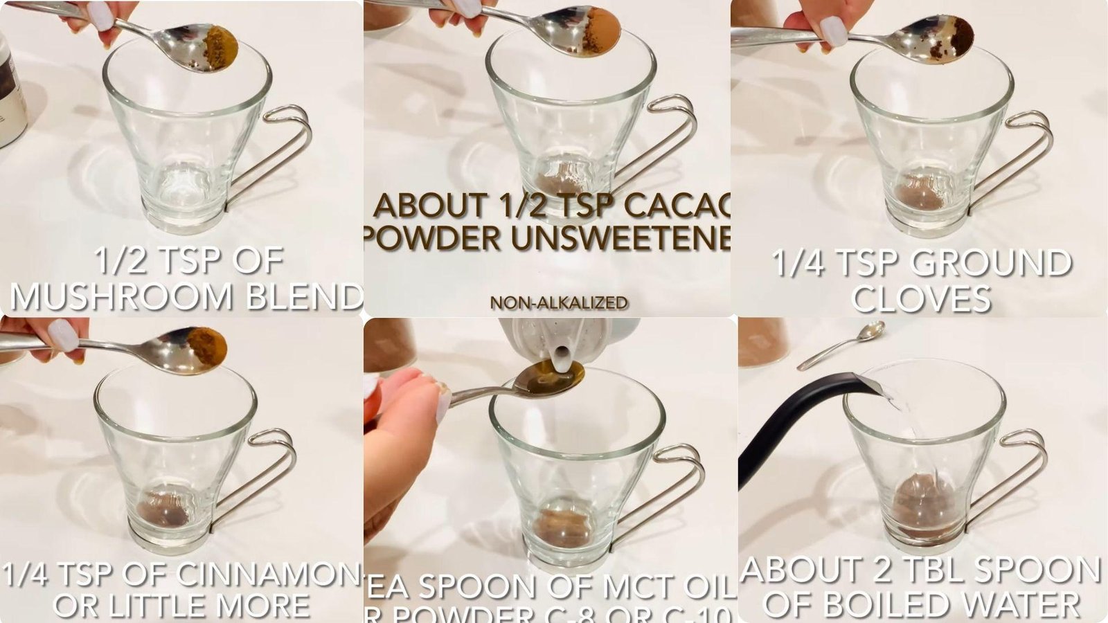 Six-panel collage showing mushroom coffee ingredients being added to a glass mug.
