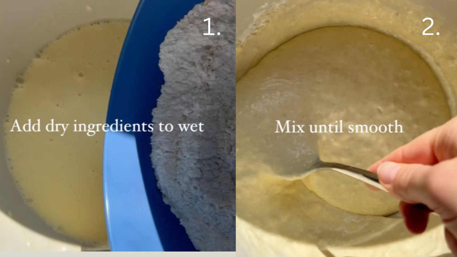 Adding dry ingredients to wet yogurt pancake mixture in blue bowl, then mixing with spoon until smooth batter forms.