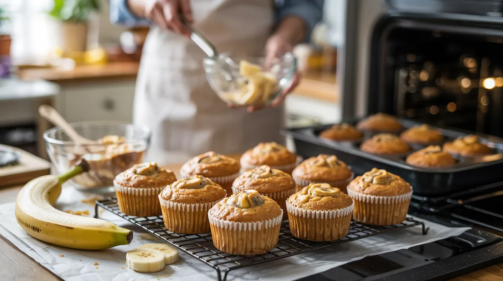 Fresh banana muffins cooling on rack in bright kitchen baking scene.
