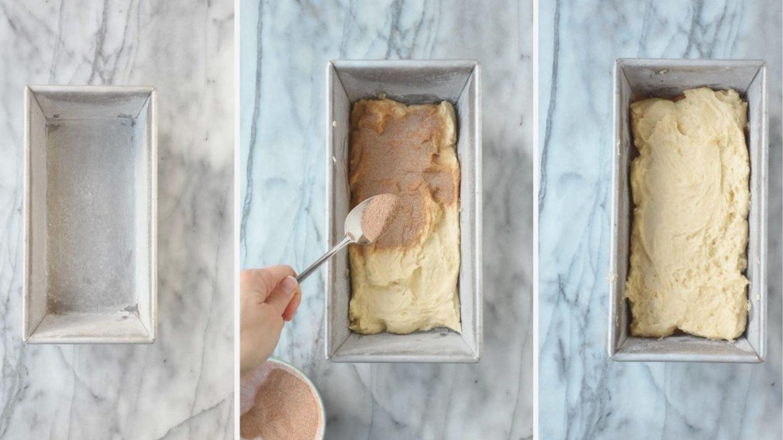 Three-step collage showing coffee bread prep: empty loaf pan, adding coffee-cinnamon sugar mix to batter.