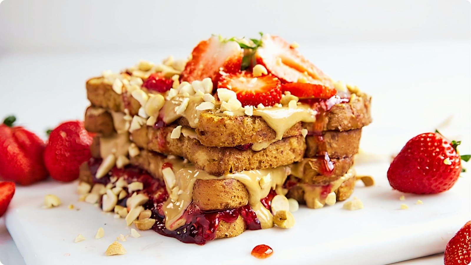 Stack of thick wheat bread French toast layered with peanut butter, strawberry jam, and chopped nuts.