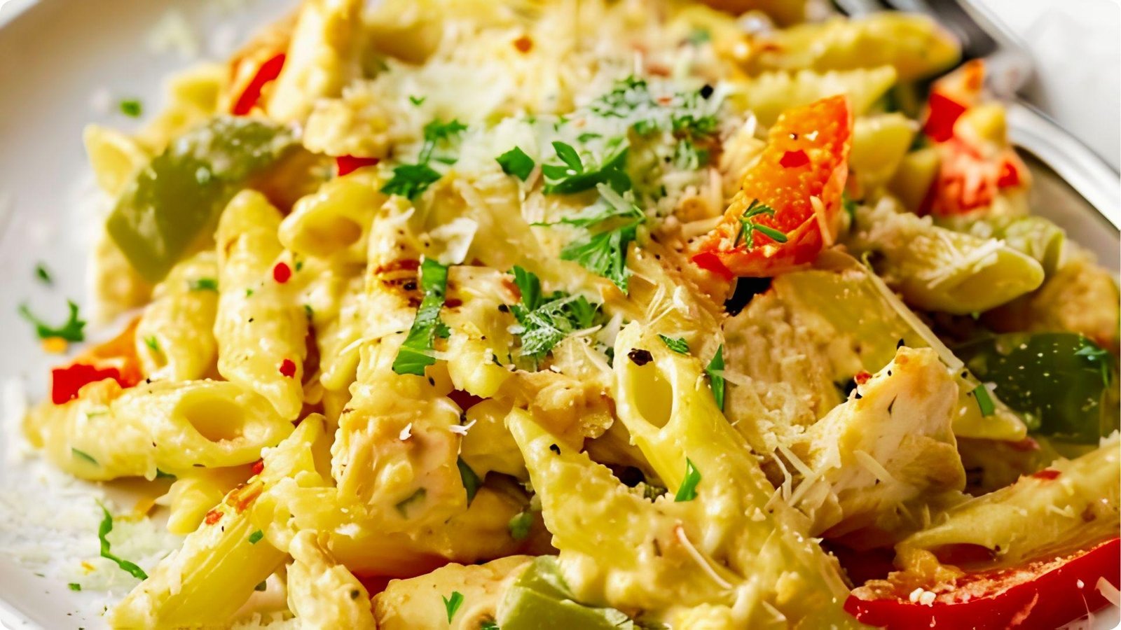 Close-up of finished rattlesnake pasta with penne, chicken, red and green peppers, and melted cheese on a white plate.