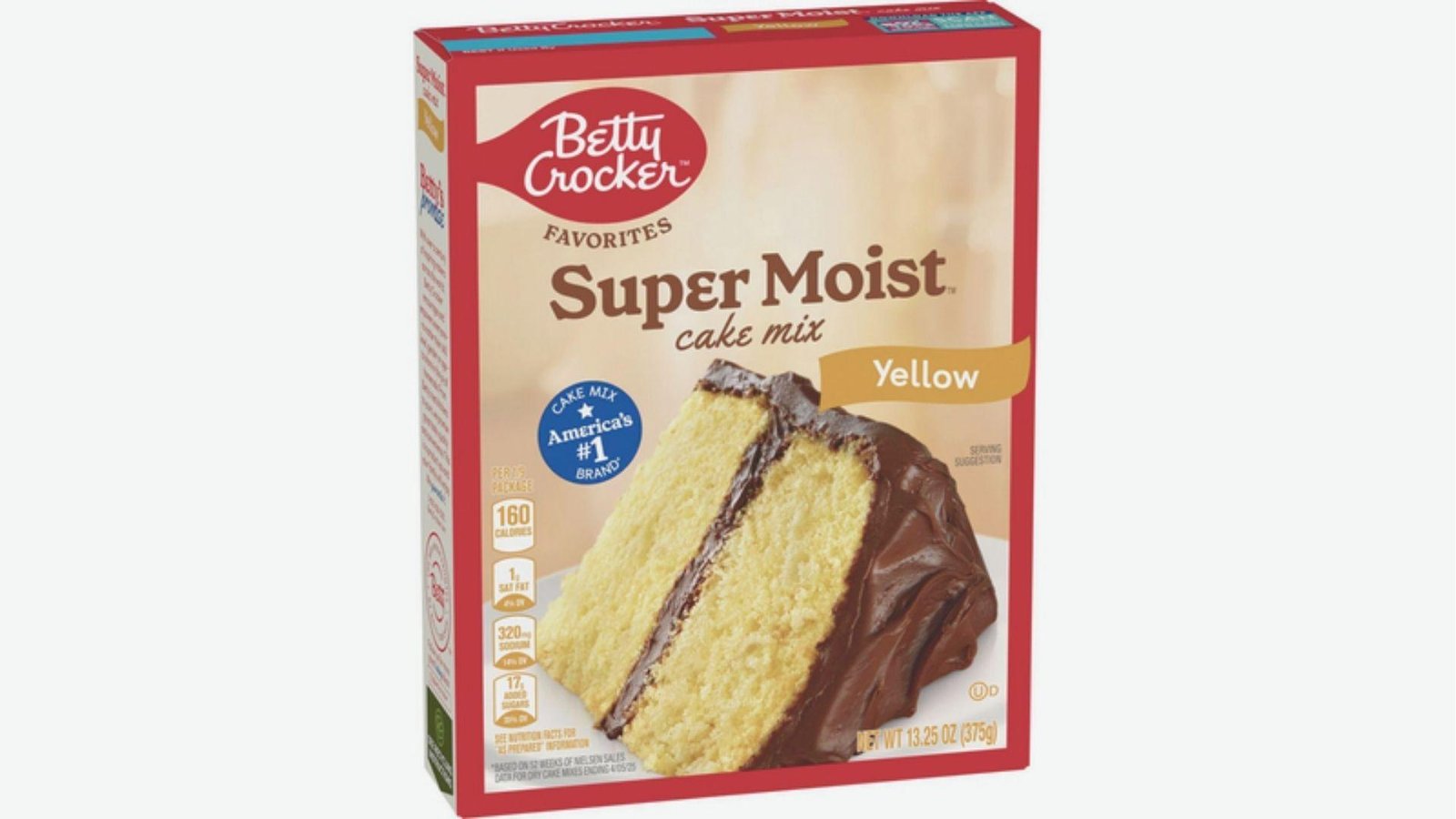 Red box of Betty Crocker Super Moist Yellow Cake Mix against a white background.