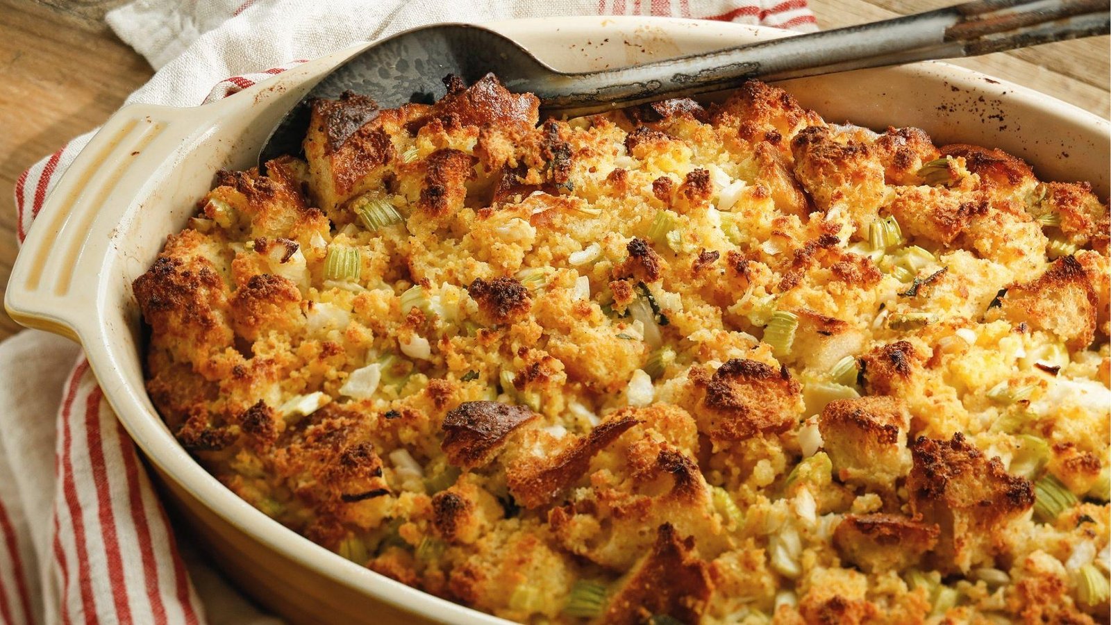 Rustic cornbread dressing with crispy golden top and celery bits in oval dish with serving spoon