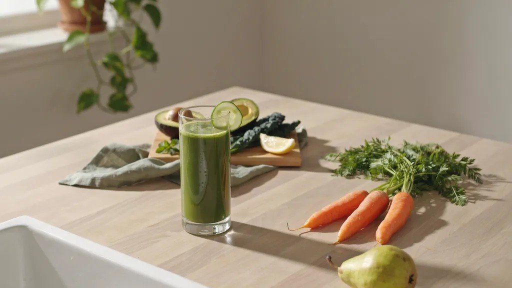 Green juice with fresh vegetables placed in a bright setting representing health benefits nutrition and natural energy boosting lifestyle habits.