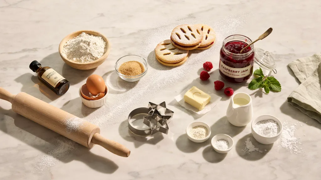 Linzer cookie ingredients including butter, flour, jam, sugar, and baking tools arranged on a baking surface.