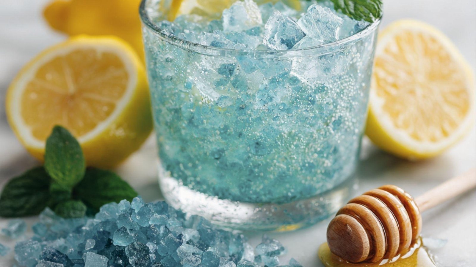 Sparkling blue salt trick mocktail with crushed ice, mint garnish, lemons and honey with blue salt