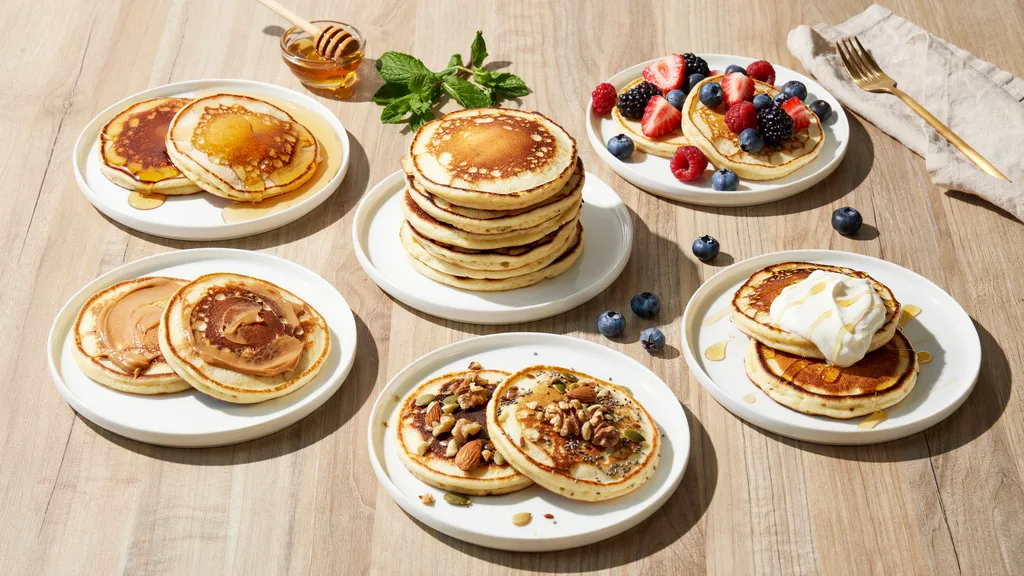 Greek yogurt pancakes with maple syrup, berries, nut butter, yogurt, and chopped nuts toppings in collage.