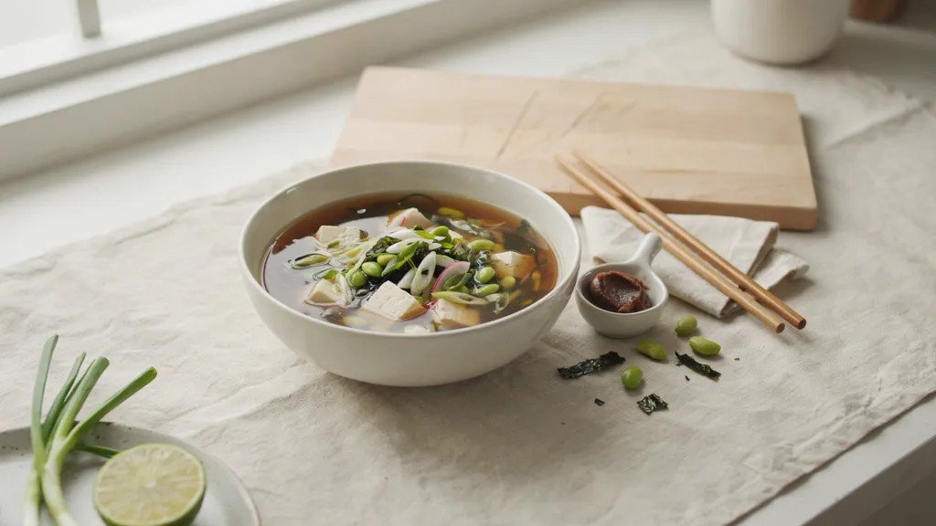 vegetable miso soup with tofu and edamame added for a protein rich version.