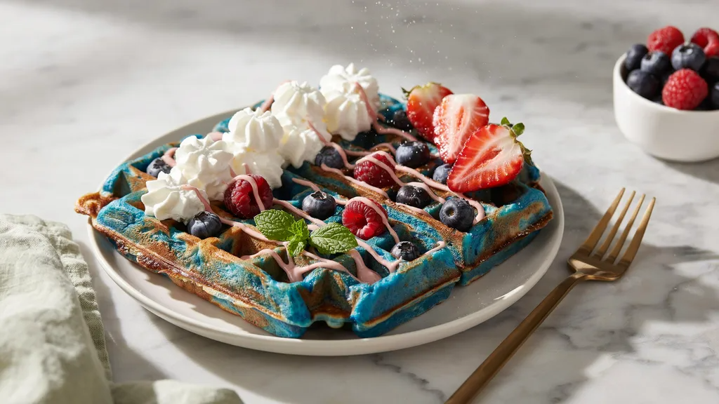 Blue waffles served fresh on plate in kitchen with syrup,cream and berries, breakfast recipe scene.