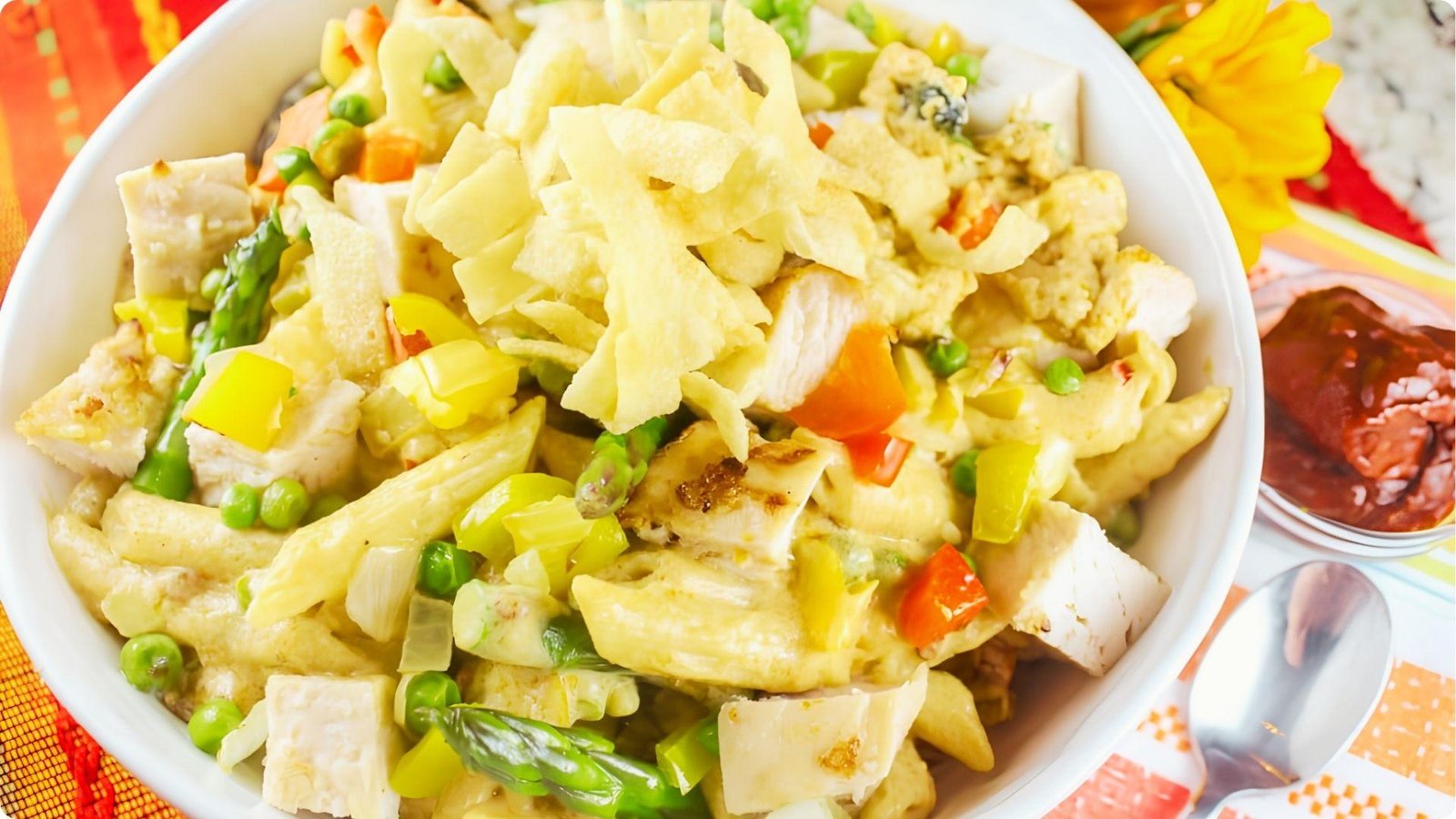Bowl of creamy chipotle penne pasta loaded with grilled chicken, asparagus, peas, and bell peppers.