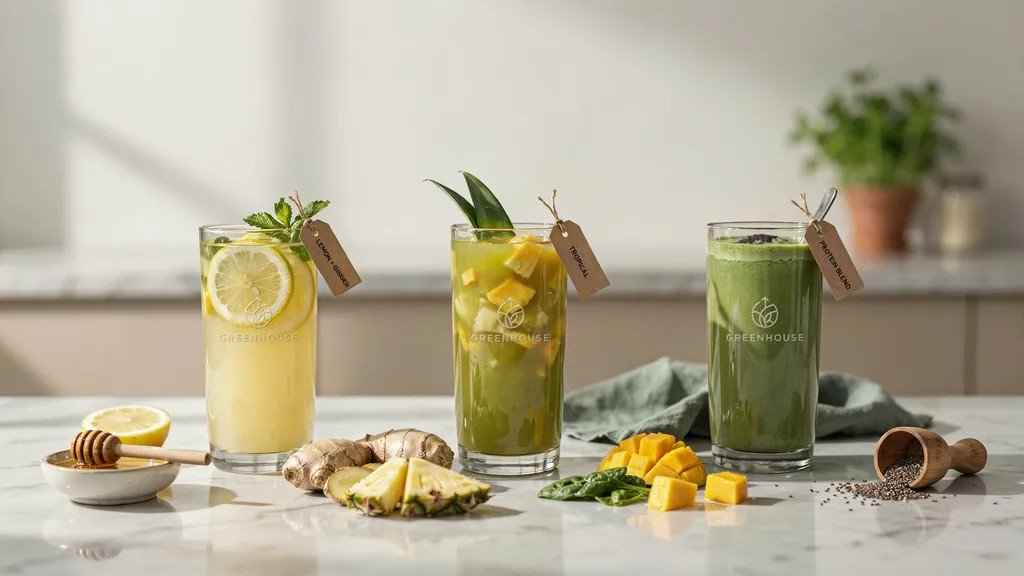 Different green juice variations including lemon ginger tropical pineapple mango and protein version displayed in glasses on a bright surface.