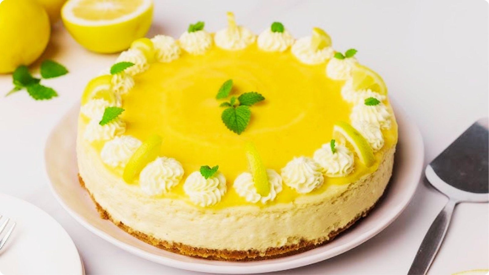 A 6-inch lemon cheesecake is topped with bright yellow lemon curd, piped whipped cream rosettes, and fresh mint leaves.