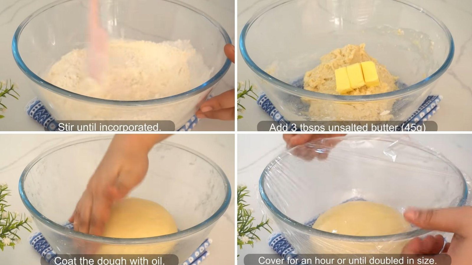 Four-panel collage showing stirring flour, adding butter to dough, coating dough ball with oil, and covering bowl with cling wrap to rise.