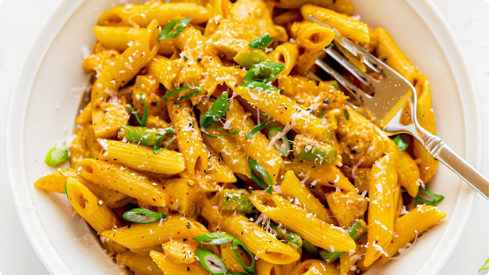 Close-up of pasta tossed in rich orange chipotle sauce with chicken and asparagus.