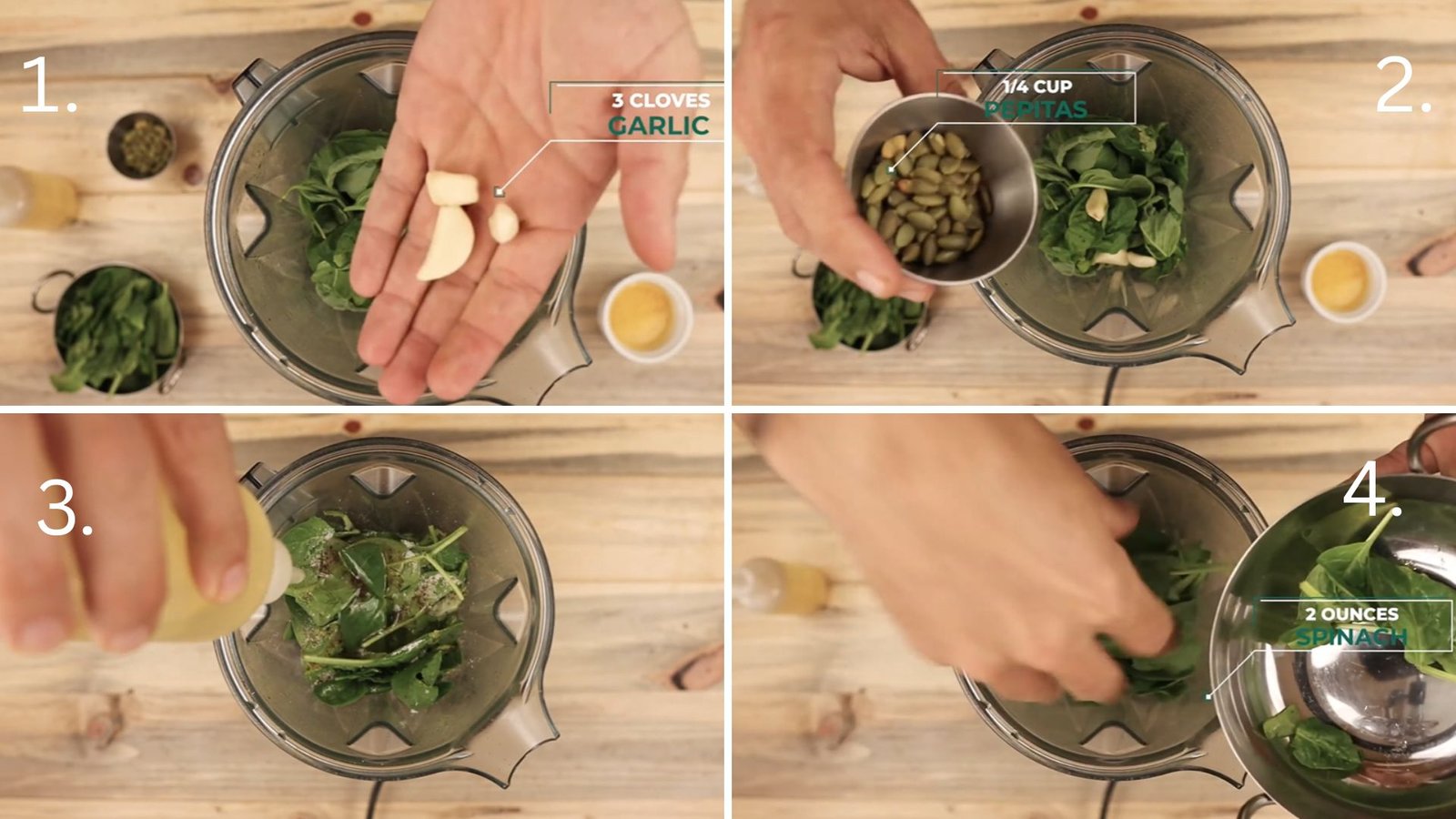 Garlic, pepitas, spinach, and neutral oil added into a grinder with basil for pumpkin seed pesto recipe.