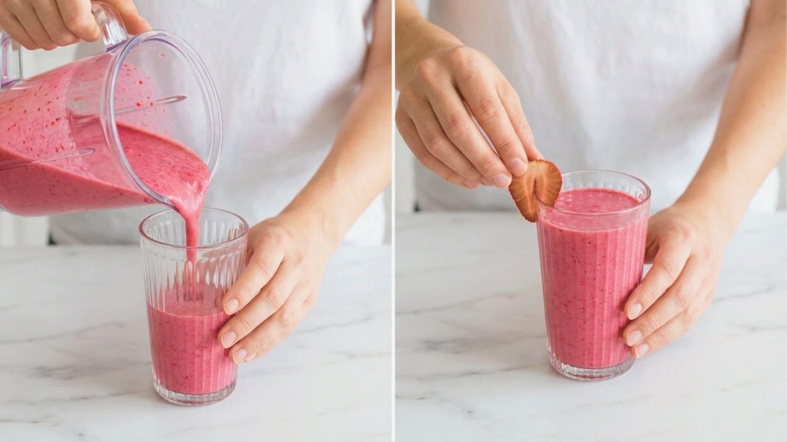 Split-screen showing the final steps of making a Bahama Mama Tropical Smoothie. Left: pink smoothie pouring from a blender into a glass.