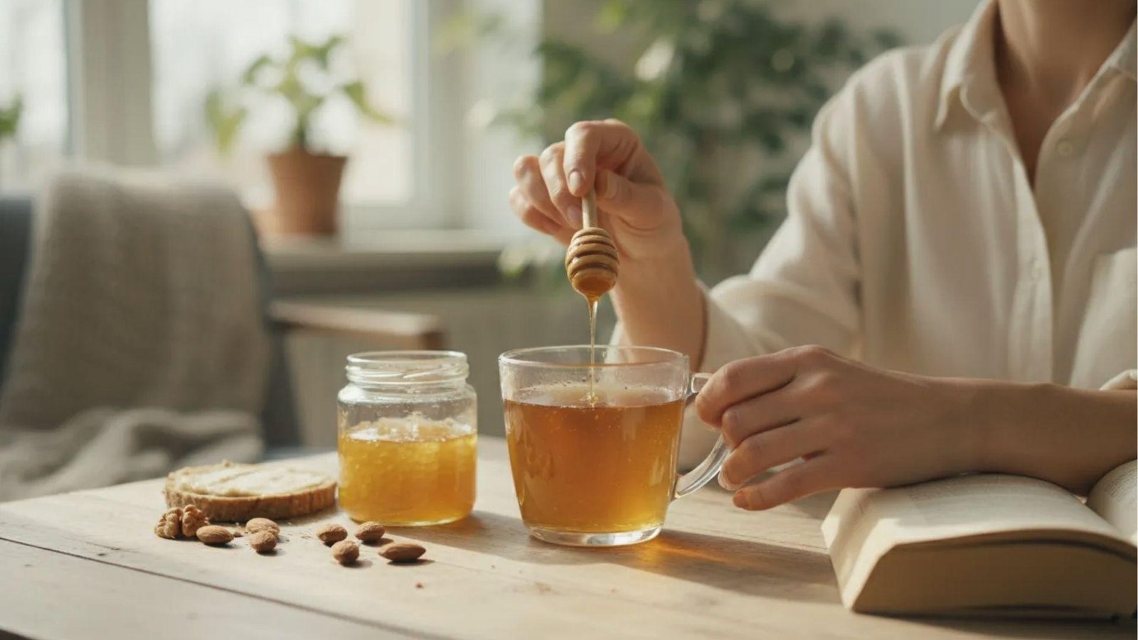 A person drizzles golden honey into a tea cup with nuts, bread, and a book for honey trick recipe.