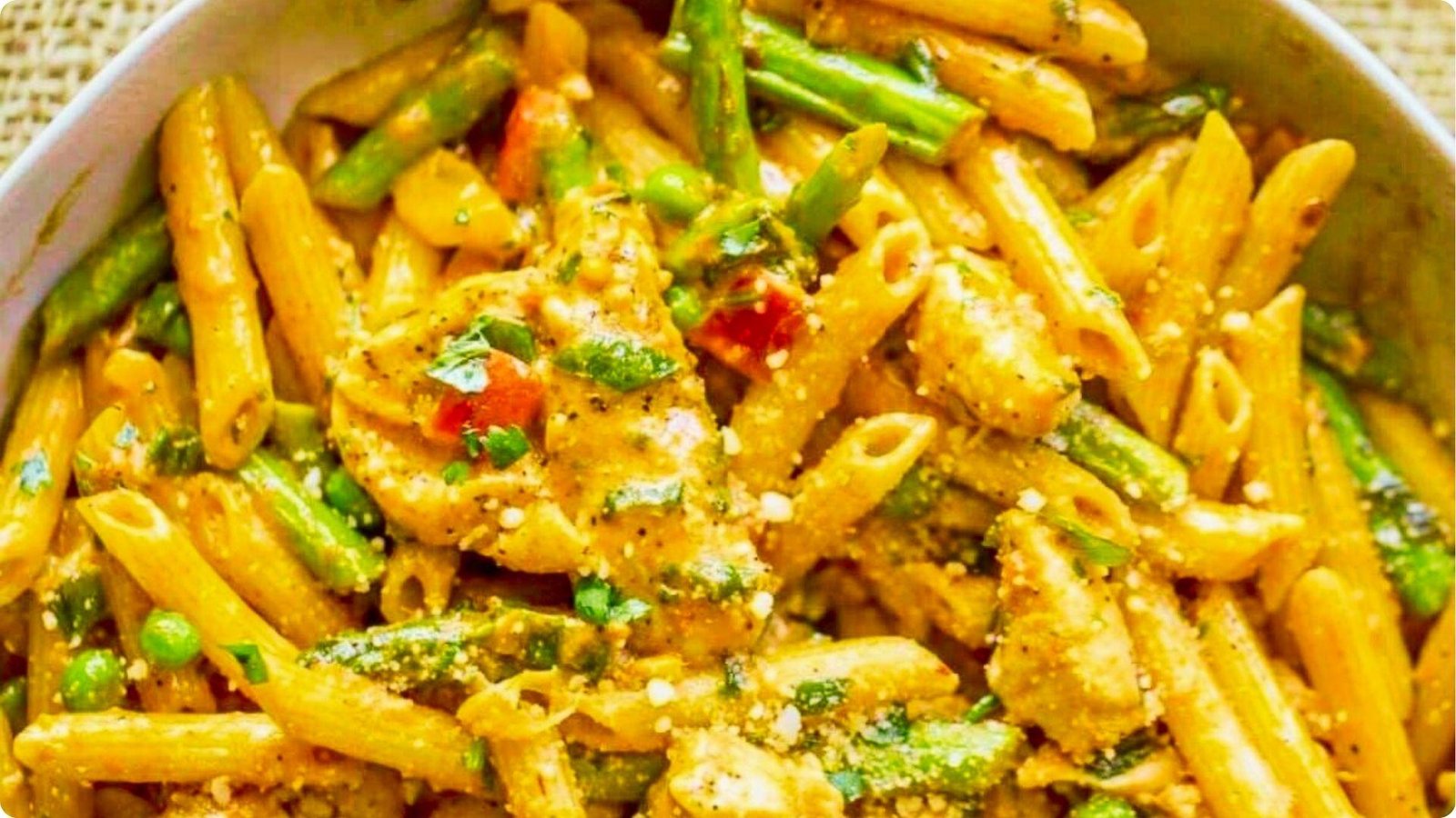 Close-up of creamy chipotle penne pasta with grilled chicken, asparagus, peas, and red bell peppers in a white bowl.