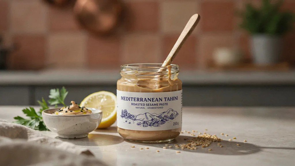 Open jar of Mediterranean Tahini Roasted Sesame Paste with a wooden spoon, lemon slice, parsley, and sesame seeds.